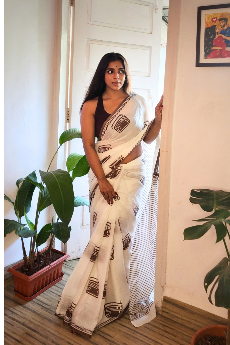 Vintage Radio - Limited Edition Handblock Print Handloom Cotton Saree