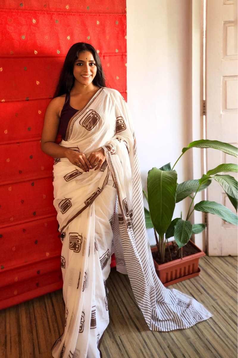 Vintage Radio - Limited Edition Handblock Print Handloom Cotton Saree