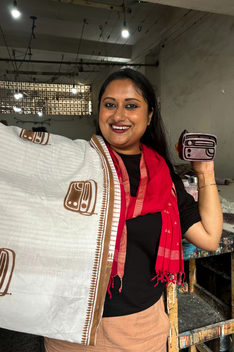 Vintage Radio - Limited Edition Handblock Print Handloom Cotton Saree