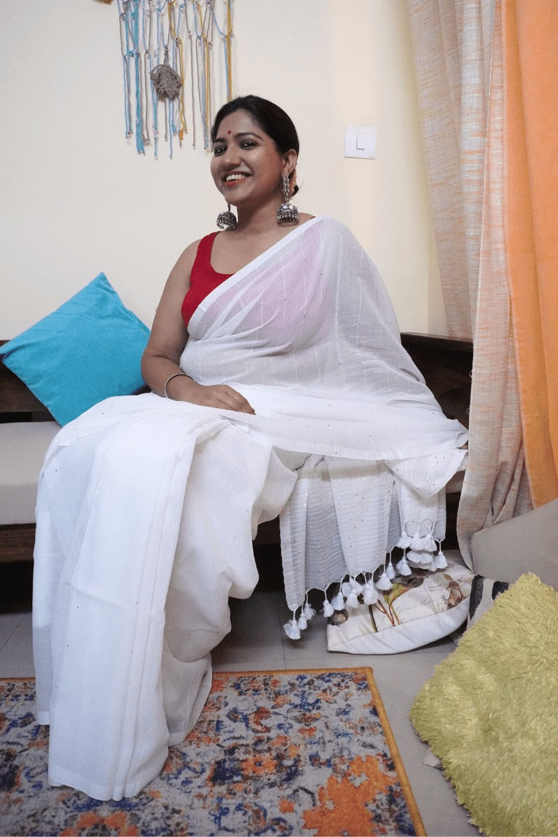 "Snow White" - Indiestore Solid White Handloom Mul Cotton Saree With Dazzling Sequin