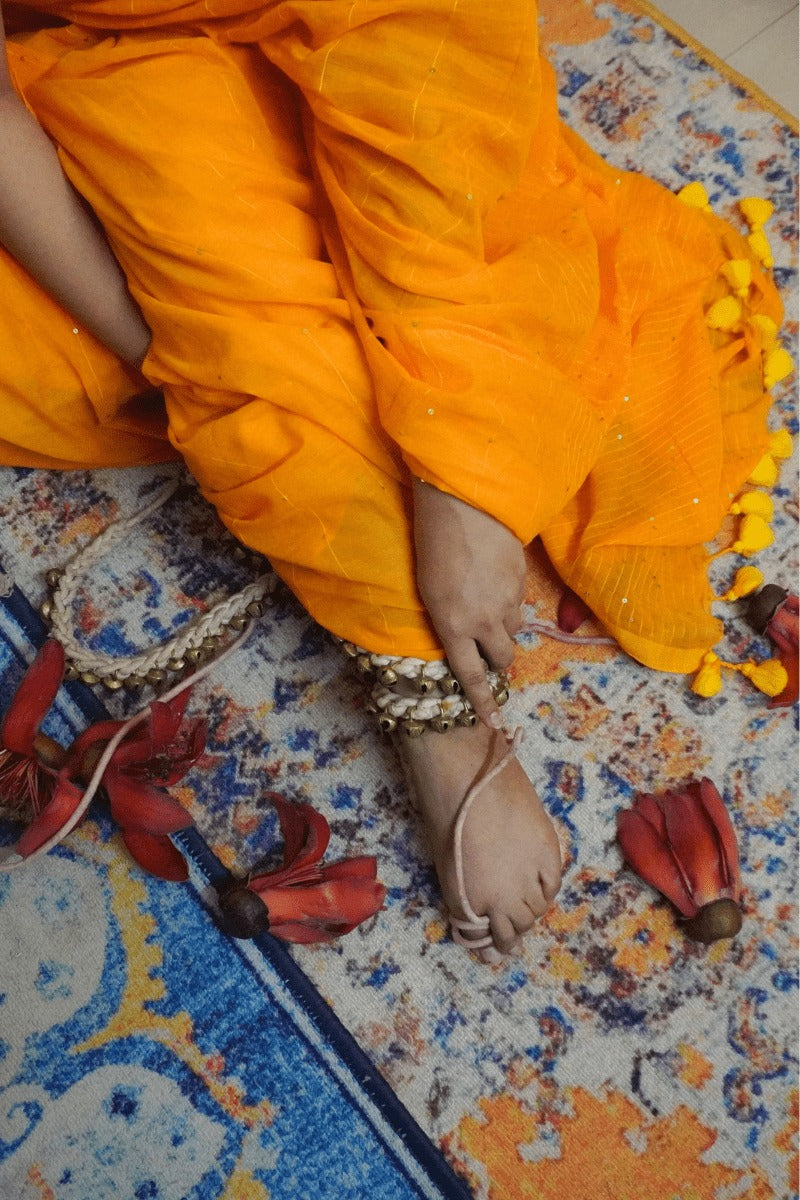 "Sunset Yellow" - Indiestore Solid Golden Yellow Handloom Mul Cotton Saree With Dazzling Sequin