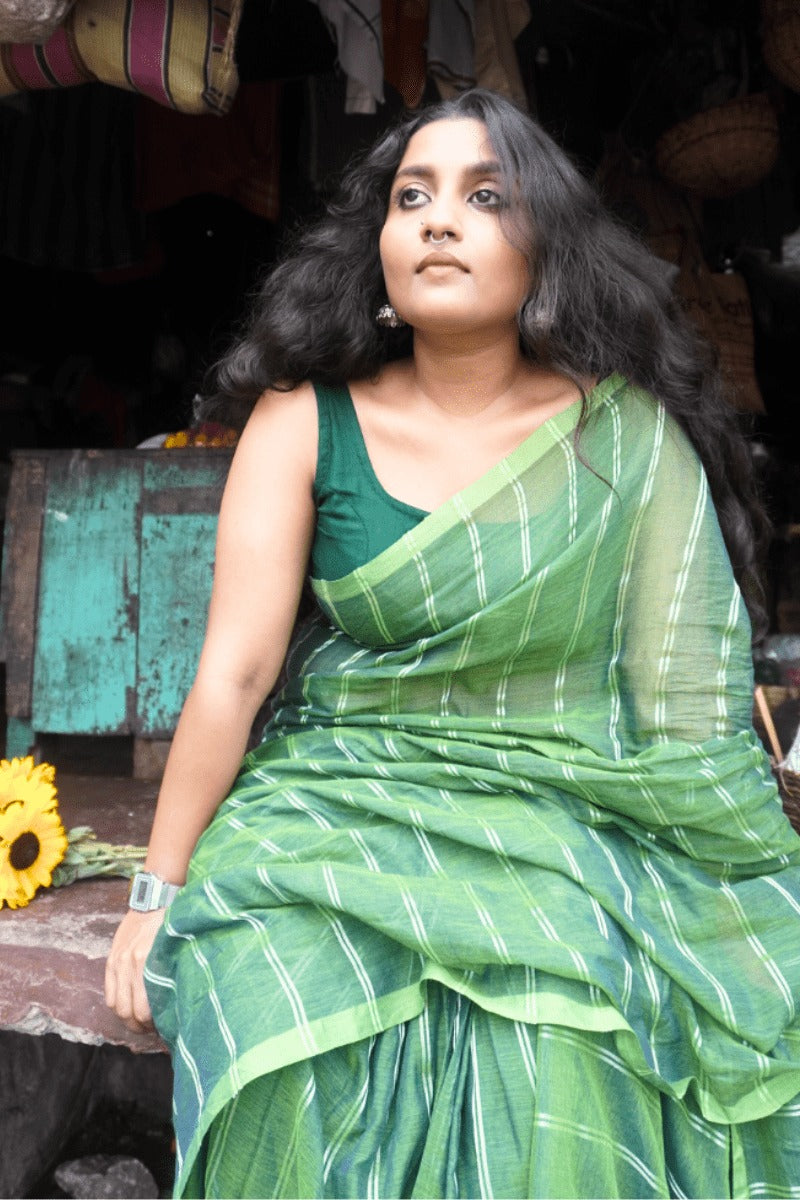 "Green Moss" - Indiestore Green Zari Striped Handloom Mul Cotton Saree