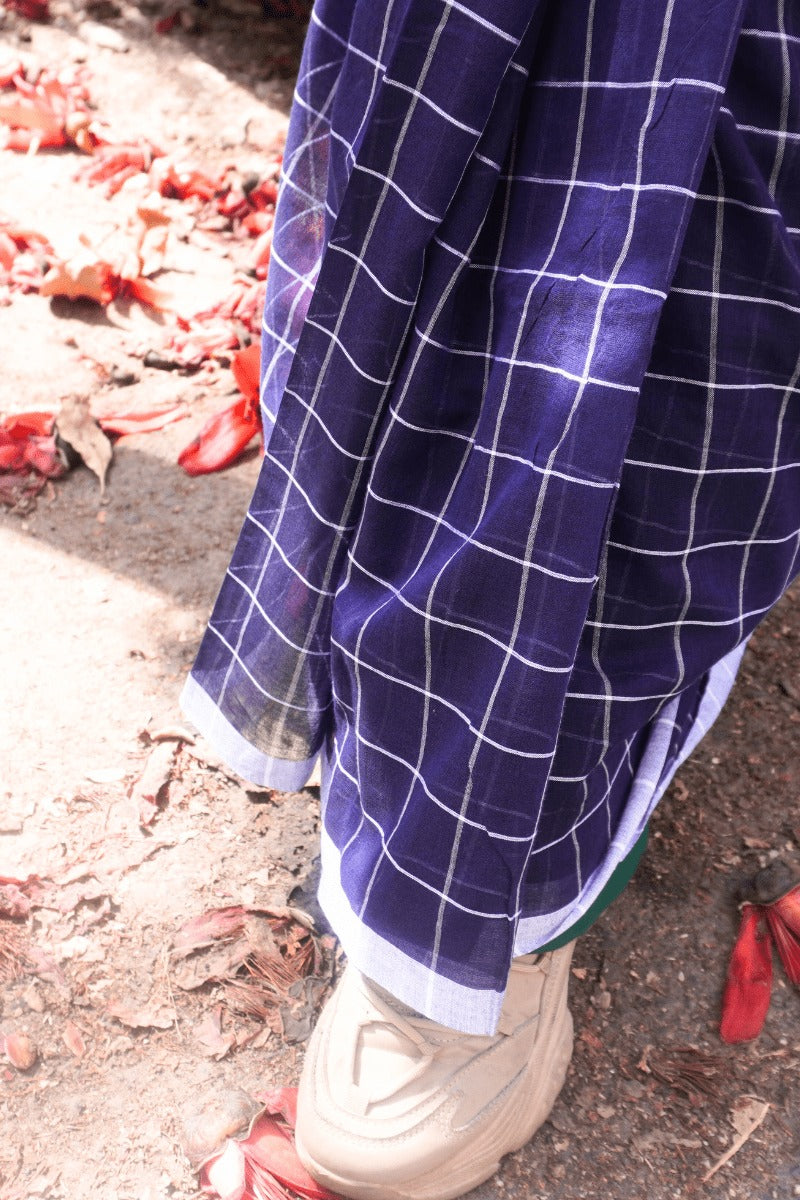 "Blue Lagoon" - Indiestore Navy Blue Check Pattern Handloom Mul Cotton Saree