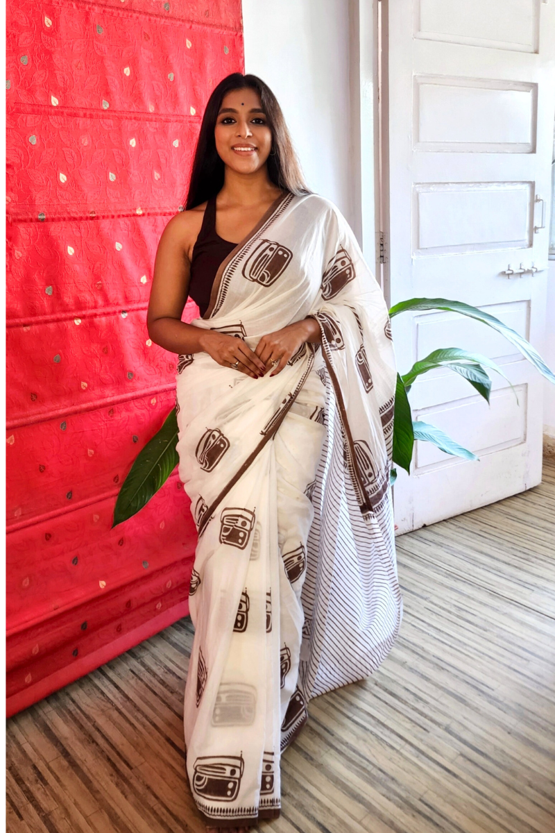 Vintage Radio - Limited Edition Handblock Print Handloom Cotton Saree