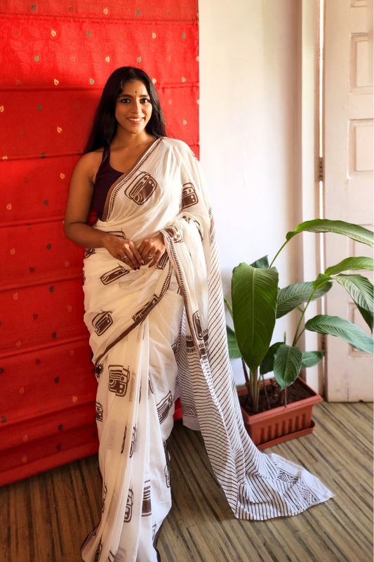 Vintage Radio - Limited Edition Handblock Print Handloom Cotton Saree