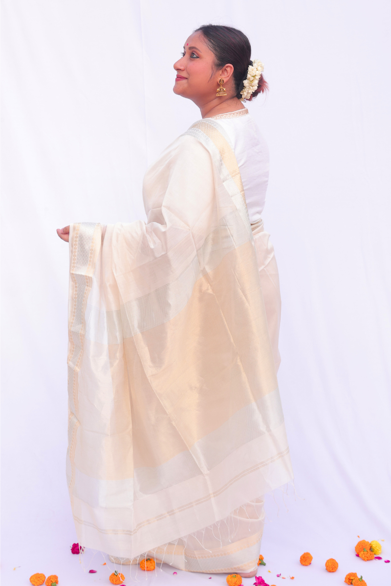 Subarna - Indiestore Handloom Off-white & Golden Maheshwari Silk by Cotton Saree