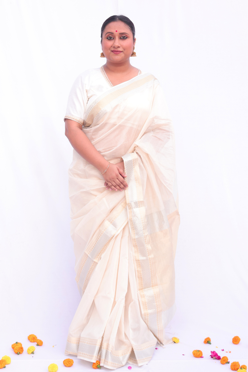 Subarna - Indiestore Handloom Off-white & Golden Maheshwari Silk by Cotton Saree