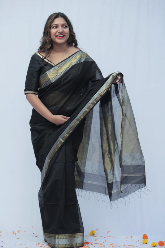 Krishnaa - Indiestore Charcoal Black With Golden & Silver Border Handloom Maheshwari Saree