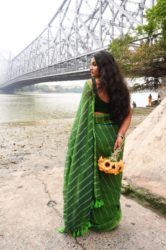 "Green Moss" - Indiestore Green Zari Striped Handloom Mul Cotton Saree