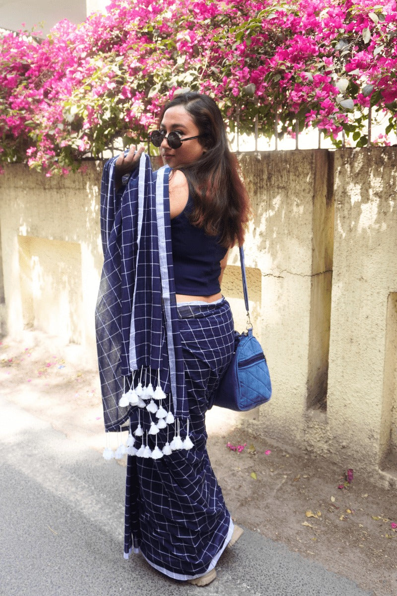 "Blue Lagoon" - Indiestore Navy Blue Check Pattern Handloom Mul Cotton Saree