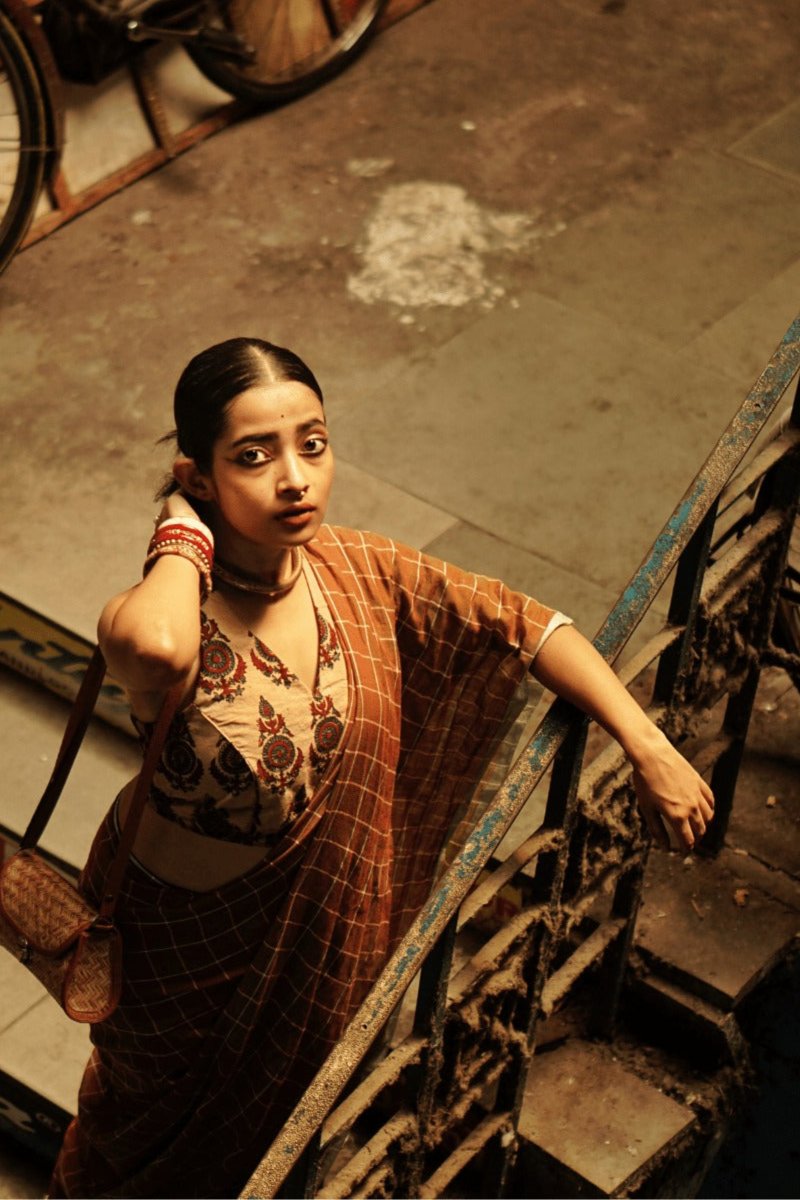 "Cinnamon Dust" - Indiestore Brown Check Pattern Handloom Mul Cotton Saree