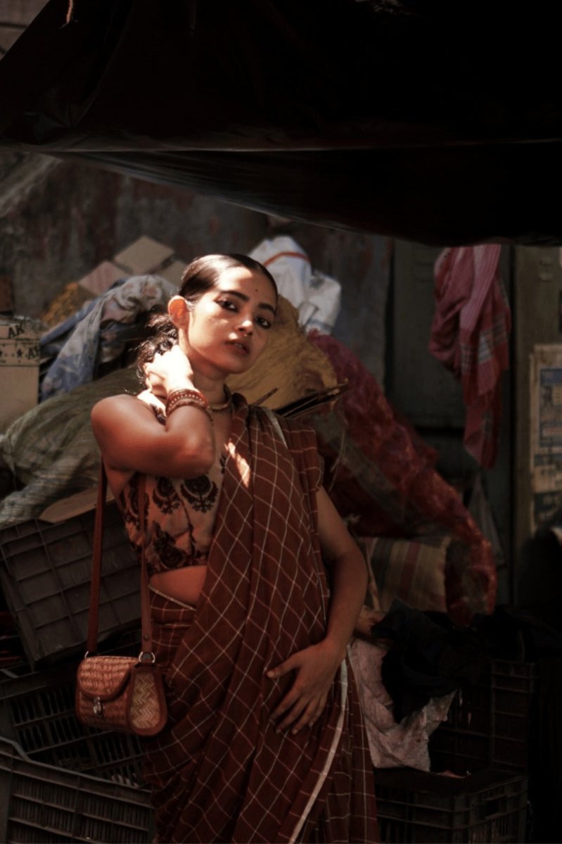 "Cinnamon Dust" - Indiestore Brown Check Pattern Handloom Mul Cotton Saree
